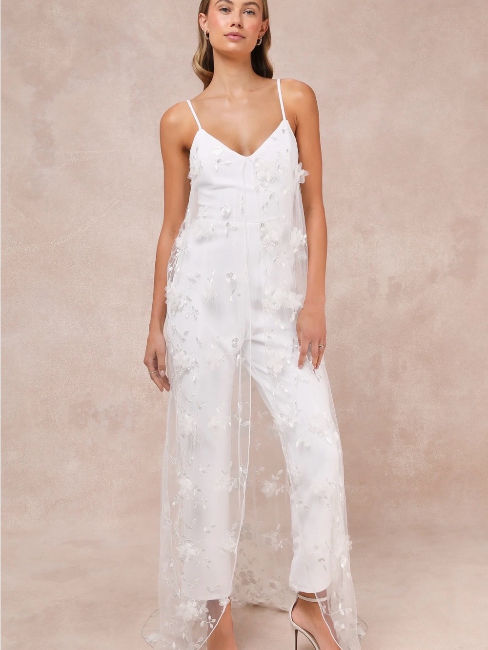 Lulus Extreme Elegance White Mesh Floral Embroidered Cape Jumpsuit